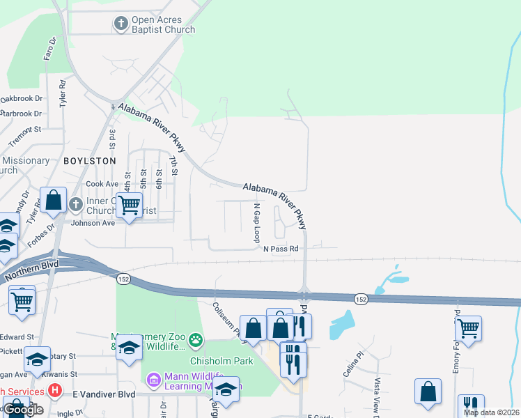 map of restaurants, bars, coffee shops, grocery stores, and more near 831 North Pass Road in Montgomery