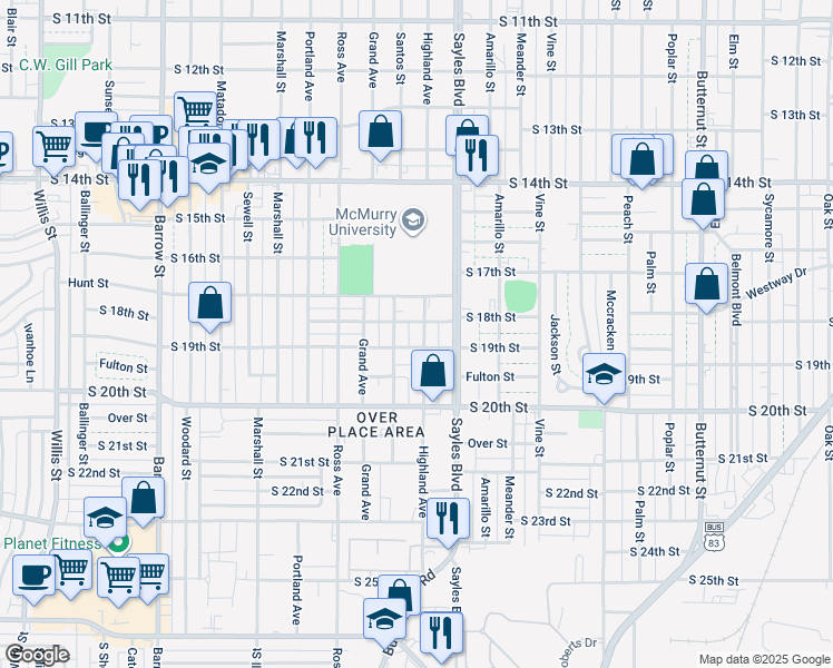 map of restaurants, bars, coffee shops, grocery stores, and more near 1806 Highland Avenue in Abilene