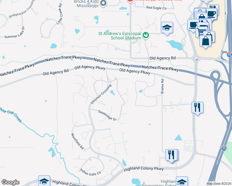 map of restaurants, bars, coffee shops, grocery stores, and more near 123 Sawbridge Drive in Ridgeland