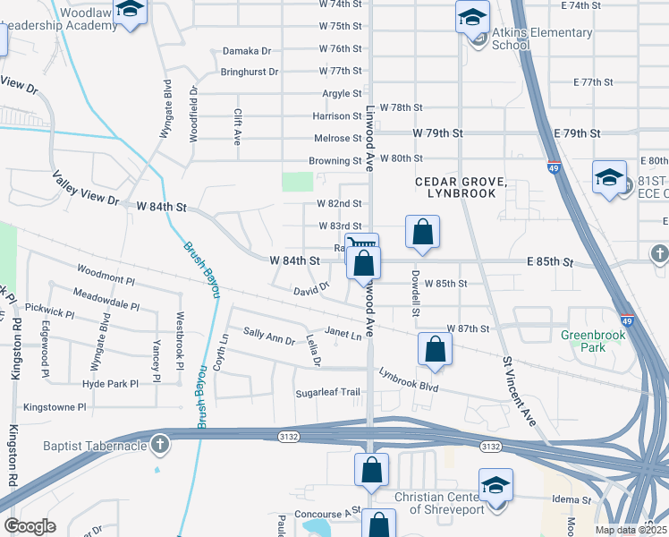 map of restaurants, bars, coffee shops, grocery stores, and more near 8405 David Drive in Shreveport