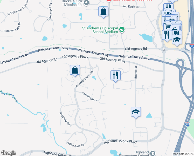 map of restaurants, bars, coffee shops, grocery stores, and more near 123 Sawbridge Drive in Ridgeland