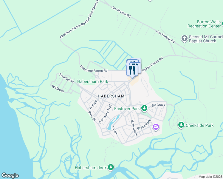 map of restaurants, bars, coffee shops, grocery stores, and more near 36 James Habersham in Beaufort