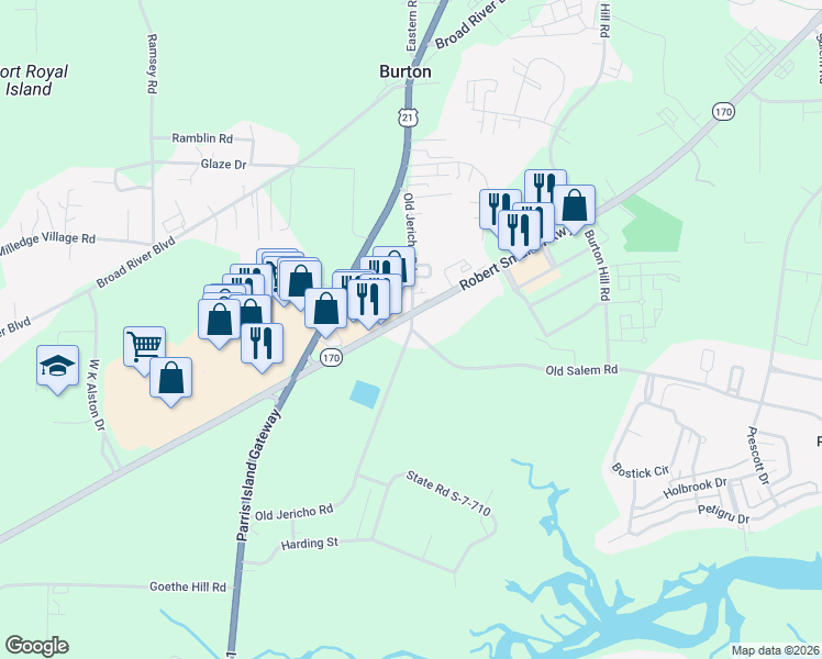 map of restaurants, bars, coffee shops, grocery stores, and more near 68 Old Jericho Road in Beaufort
