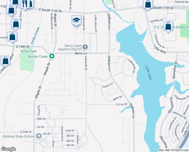 map of restaurants, bars, coffee shops, grocery stores, and more near 680 Camri Lane in Abilene