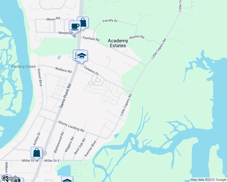 map of restaurants, bars, coffee shops, grocery stores, and more near 17 Veridian Park East in Lady's Island