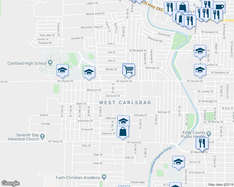 map of restaurants, bars, coffee shops, grocery stores, and more near 2310 Vermont Street in Carlsbad