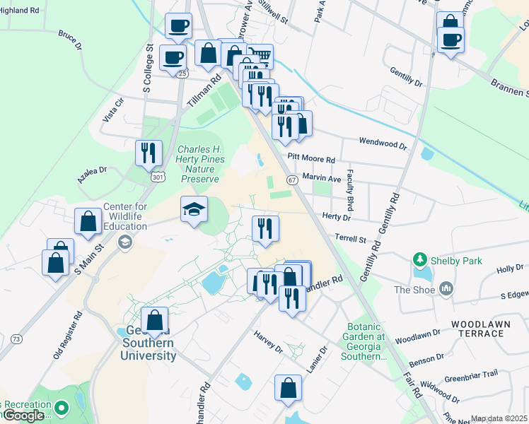map of restaurants, bars, coffee shops, grocery stores, and more near 84 Georgia Avenue in Statesboro