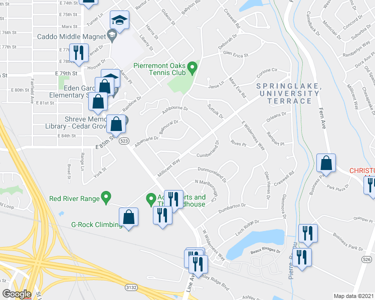 map of restaurants, bars, coffee shops, grocery stores, and more near 612 Millicent Way in Shreveport