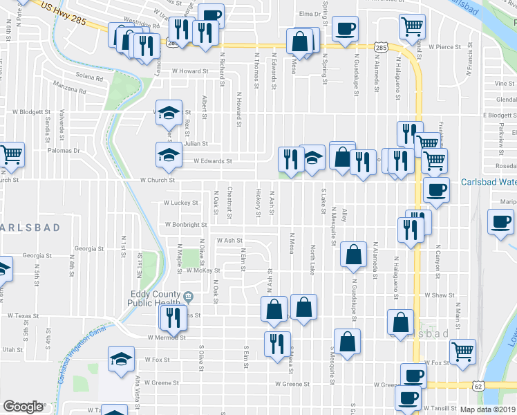 map of restaurants, bars, coffee shops, grocery stores, and more near 611 Hickory Street in Carlsbad