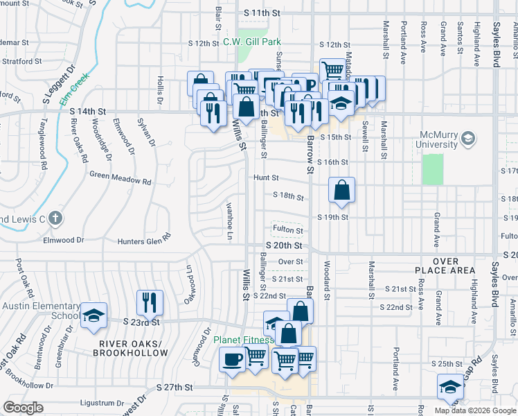 map of restaurants, bars, coffee shops, grocery stores, and more near 1834 Ballinger Street in Abilene