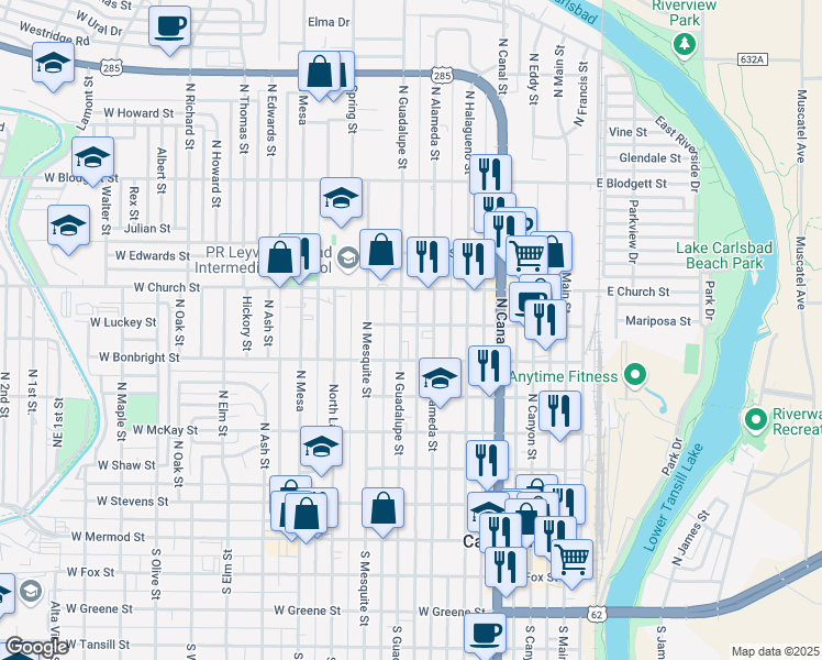 map of restaurants, bars, coffee shops, grocery stores, and more near 609 North Alameda Street in Carlsbad