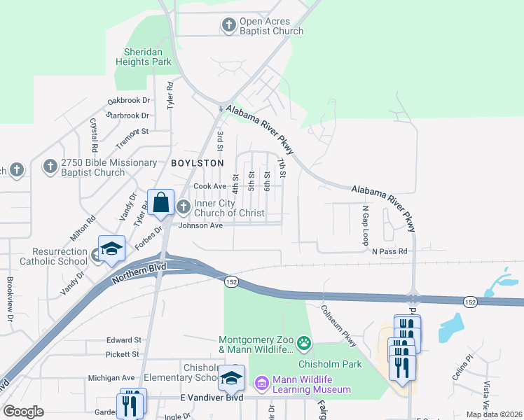 map of restaurants, bars, coffee shops, grocery stores, and more near 500 5th Street in Montgomery