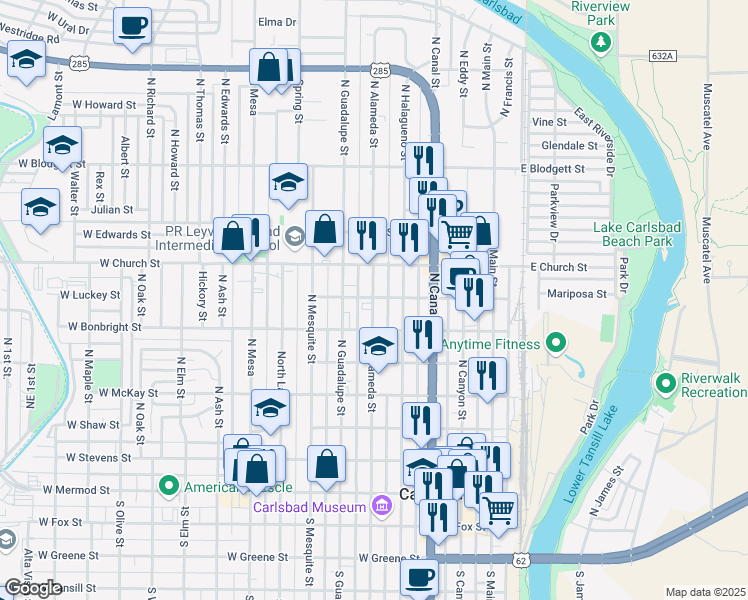 map of restaurants, bars, coffee shops, grocery stores, and more near 614 North Alameda Street in Carlsbad