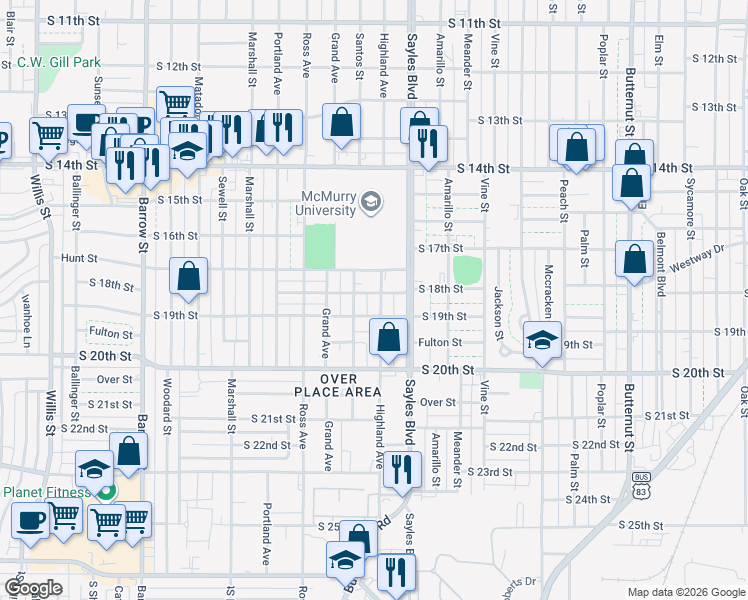 map of restaurants, bars, coffee shops, grocery stores, and more near 2234 South 19th Street in Abilene
