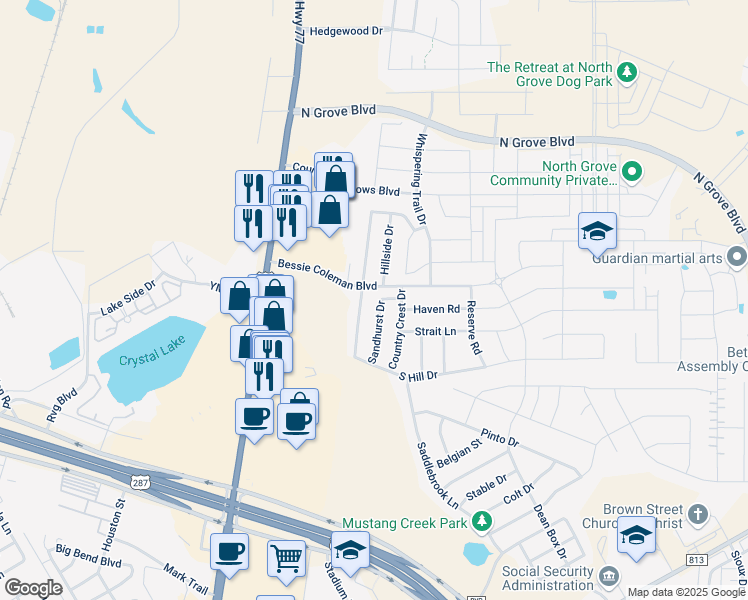 map of restaurants, bars, coffee shops, grocery stores, and more near 1589 Sandhurst Drive in Waxahachie