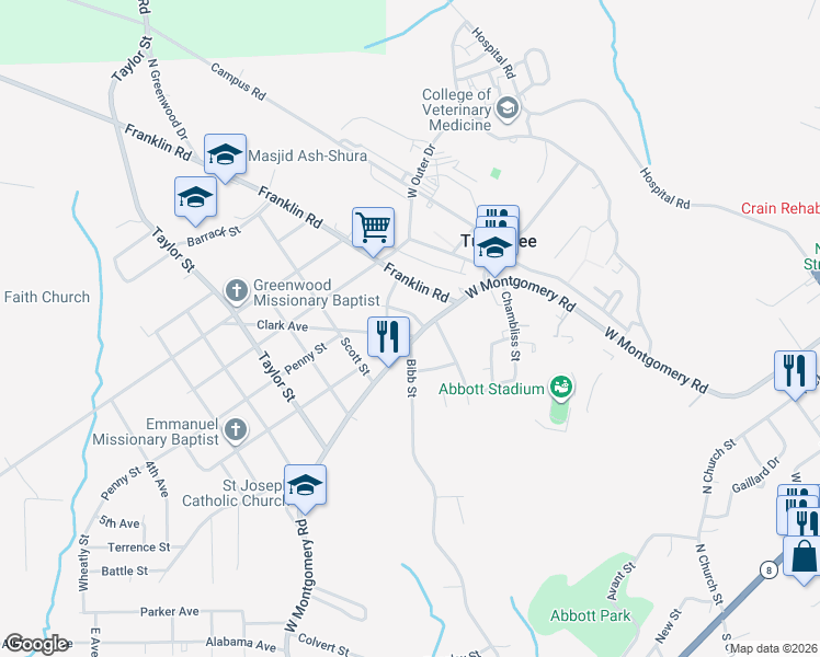 map of restaurants, bars, coffee shops, grocery stores, and more near 1201-1299 Clark Avenue in Tuskegee
