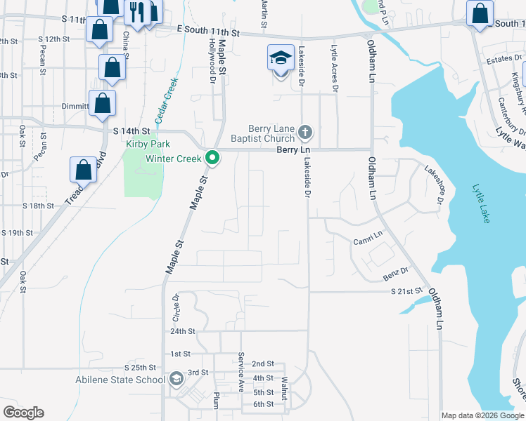 map of restaurants, bars, coffee shops, grocery stores, and more near 1600-1838 Lakeside Dr in Abilene