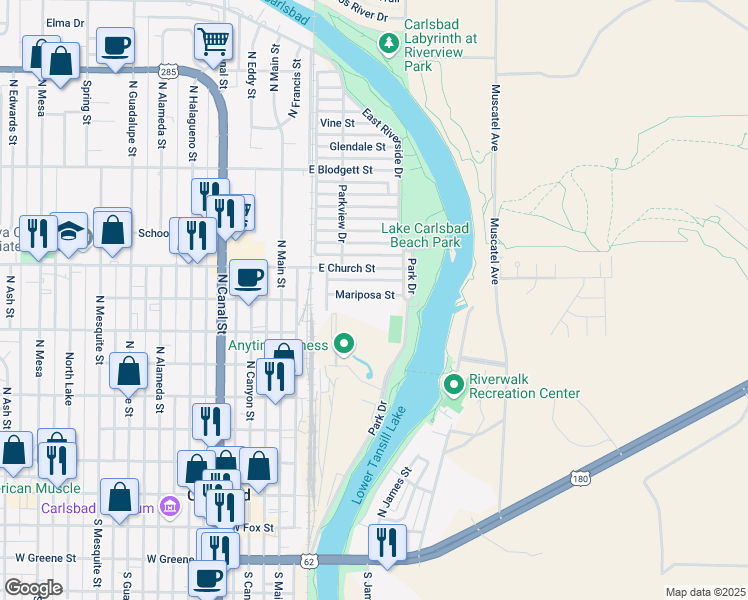 map of restaurants, bars, coffee shops, grocery stores, and more near 401 Mariposa Street in Carlsbad