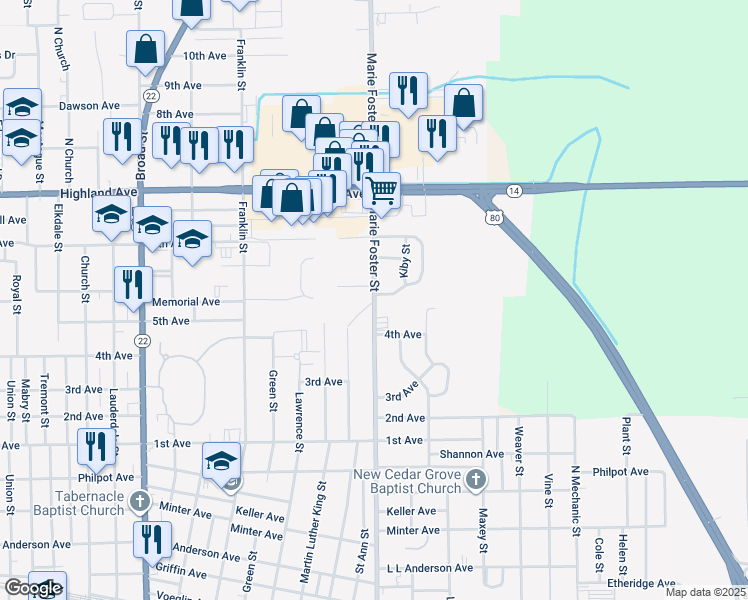 map of restaurants, bars, coffee shops, grocery stores, and more near 1943 Marie Foster Street in Selma