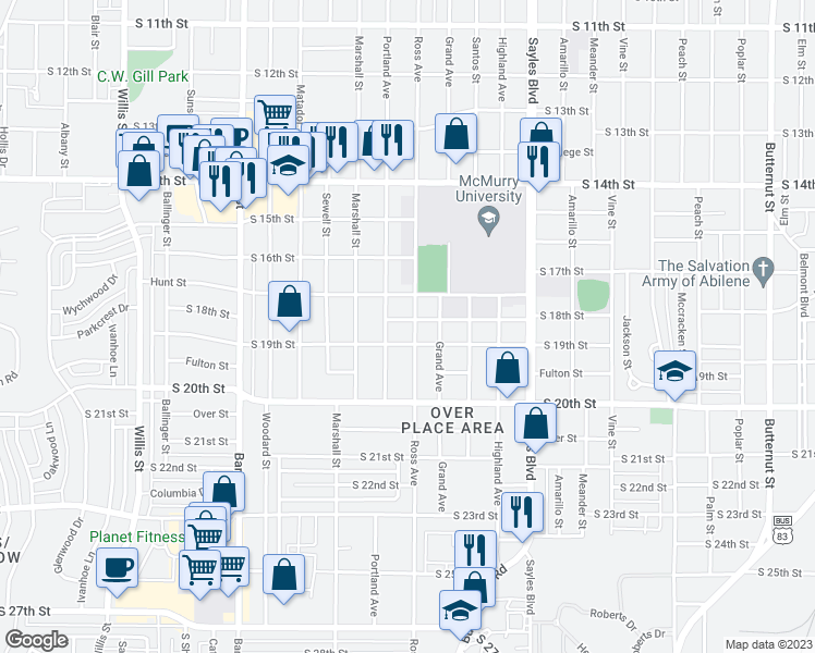 map of restaurants, bars, coffee shops, grocery stores, and more near 2510 South 19th Street in Abilene