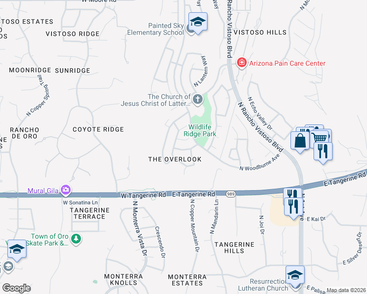 map of restaurants, bars, coffee shops, grocery stores, and more near 138 West Freddie Canyon Place in Oro Valley