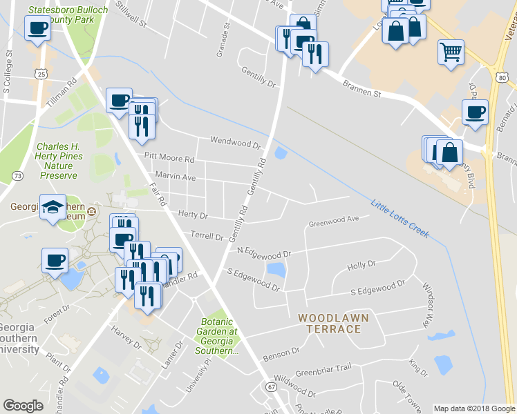 map of restaurants, bars, coffee shops, grocery stores, and more near 108 Rogers Court in Statesboro