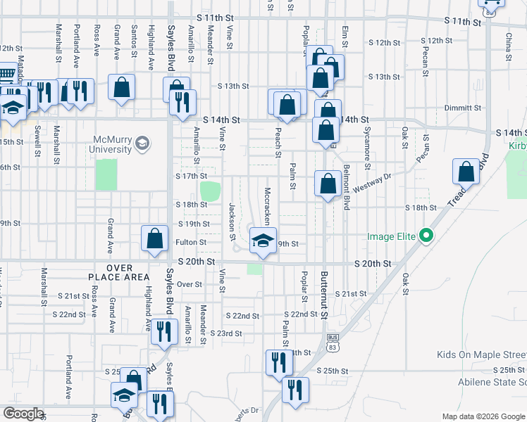map of restaurants, bars, coffee shops, grocery stores, and more near 1818 Mccracken Street in Abilene