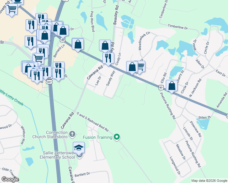 map of restaurants, bars, coffee shops, grocery stores, and more near 124 Sandy Way in Statesboro