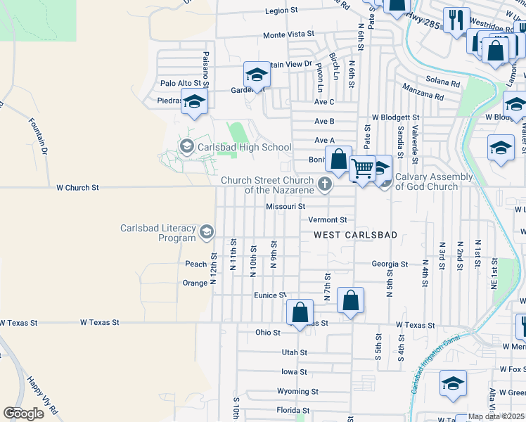 map of restaurants, bars, coffee shops, grocery stores, and more near 2607 Missouri Street in Carlsbad