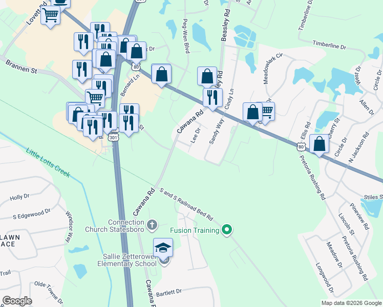 map of restaurants, bars, coffee shops, grocery stores, and more near 123 Sandy Way in Statesboro