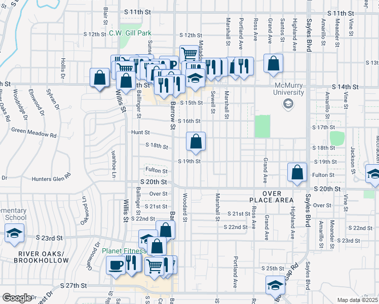 map of restaurants, bars, coffee shops, grocery stores, and more near 1801 Woodard Street in Abilene