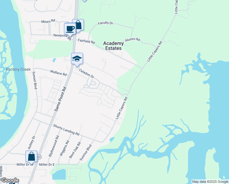 map of restaurants, bars, coffee shops, grocery stores, and more near 17 Veridian Park East in Lady's Island
