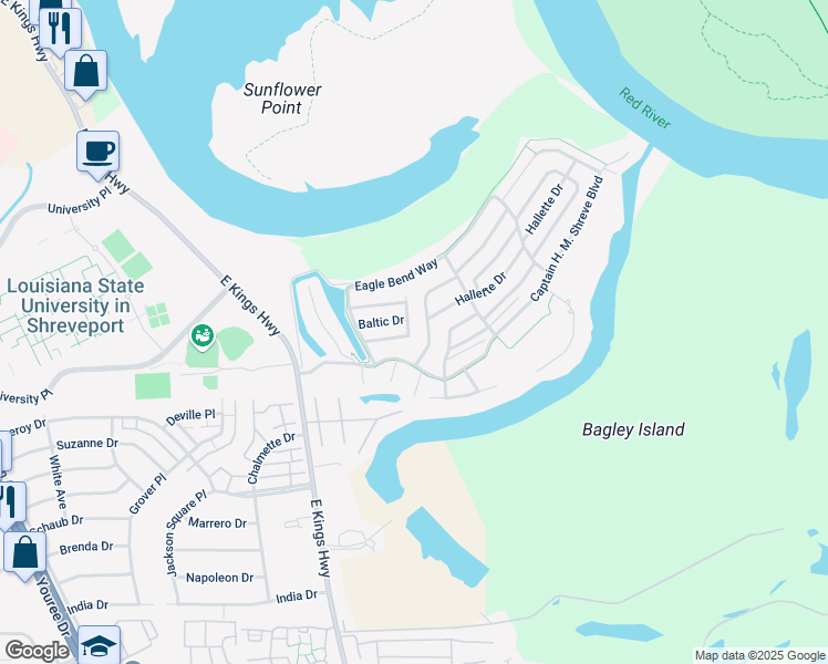 map of restaurants, bars, coffee shops, grocery stores, and more near 8007 Amy Hewes Drive in Shreveport