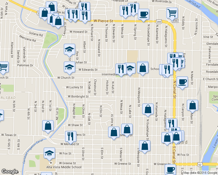 map of restaurants, bars, coffee shops, grocery stores, and more near 614 Hickory Street in Carlsbad