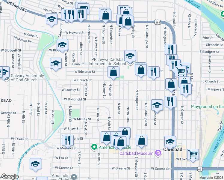 map of restaurants, bars, coffee shops, grocery stores, and more near 607 North Ash Street in Carlsbad