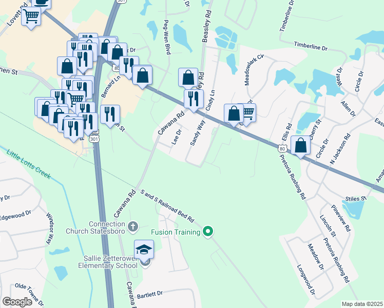 map of restaurants, bars, coffee shops, grocery stores, and more near 118 Sandy Way in Statesboro