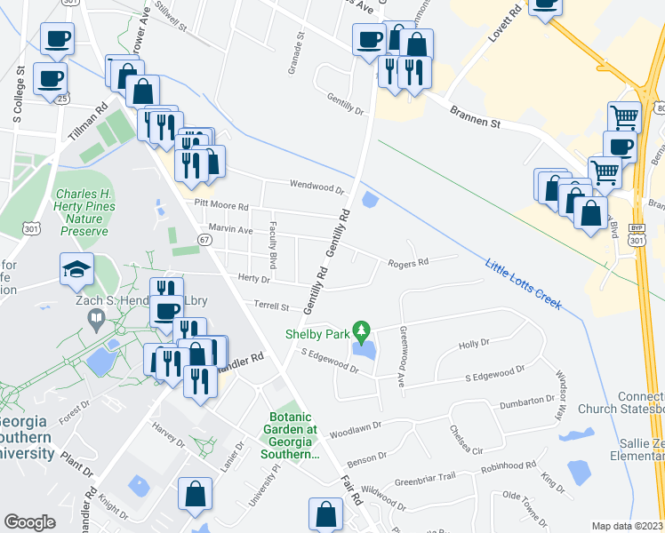 map of restaurants, bars, coffee shops, grocery stores, and more near 807 Gentilly Road in Statesboro