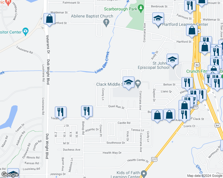 map of restaurants, bars, coffee shops, grocery stores, and more near 1649 Chachalaca Lane in Abilene