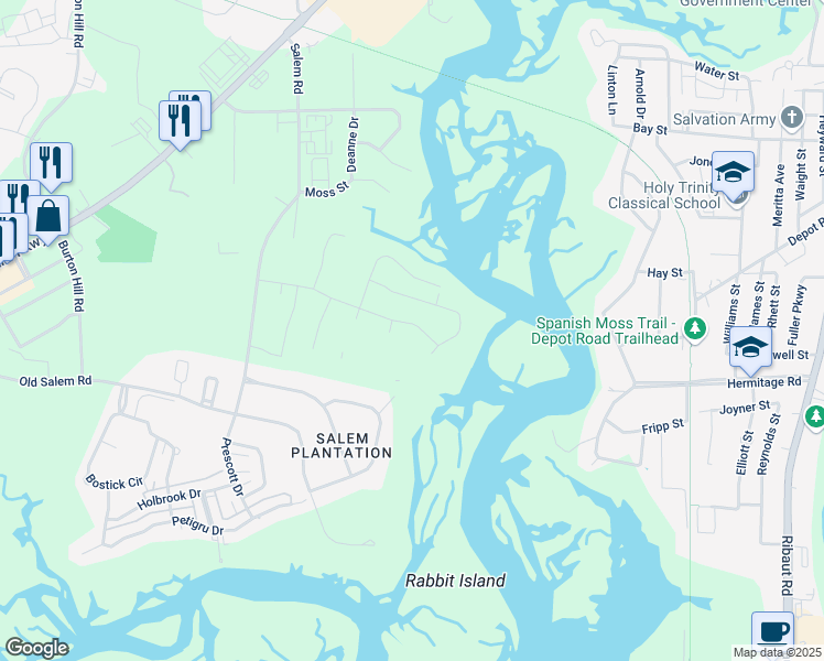 map of restaurants, bars, coffee shops, grocery stores, and more near Bostick Road in Beaufort