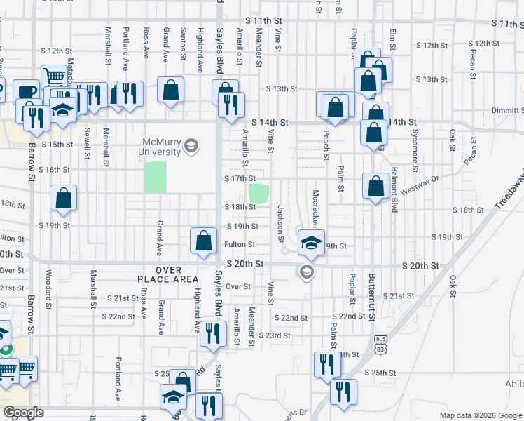 map of restaurants, bars, coffee shops, grocery stores, and more near 1918 South 19th Street in Abilene