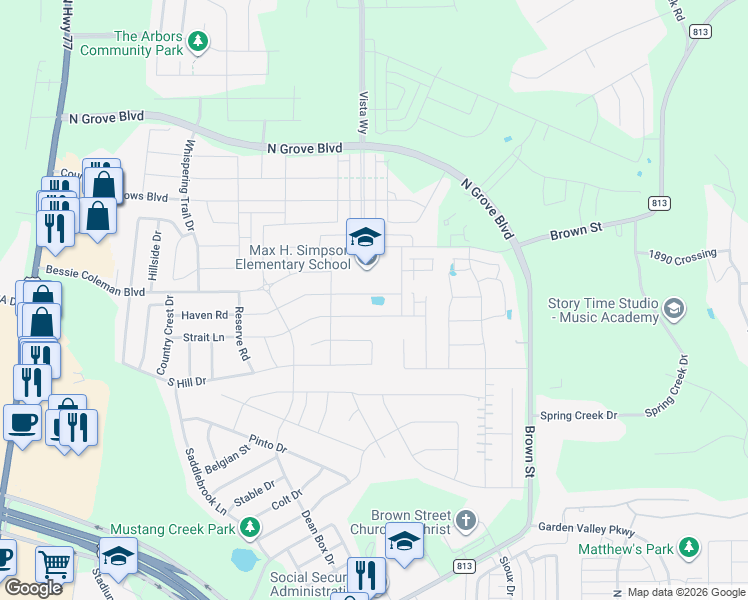 map of restaurants, bars, coffee shops, grocery stores, and more near 469 Strait Lane in Waxahachie