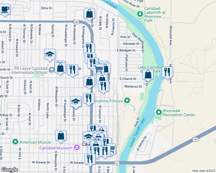 map of restaurants, bars, coffee shops, grocery stores, and more near 610 North Main Street in Carlsbad