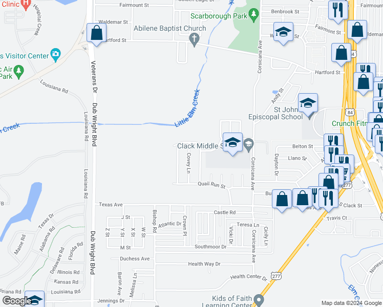 map of restaurants, bars, coffee shops, grocery stores, and more near 1625 Covey Lane in Abilene