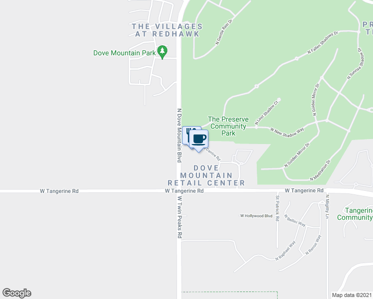 map of restaurants, bars, coffee shops, grocery stores, and more near 12140 North Dove Mountain Boulevard in Marana