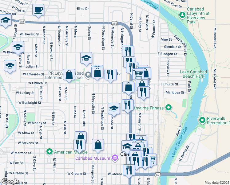 map of restaurants, bars, coffee shops, grocery stores, and more near 408 West Luckey Street in Carlsbad