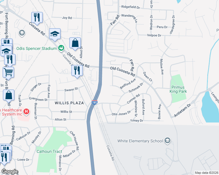 map of restaurants, bars, coffee shops, grocery stores, and more near 1329 Cusseta Road in Columbus