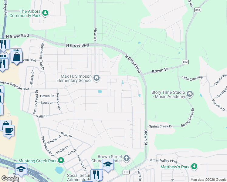 map of restaurants, bars, coffee shops, grocery stores, and more near 1536 Reagan Avenue in Waxahachie