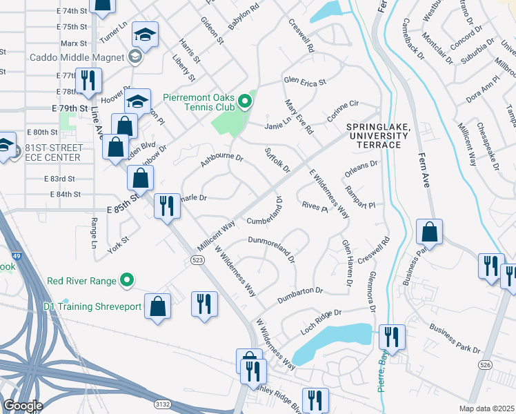 map of restaurants, bars, coffee shops, grocery stores, and more near 613 Millicent Way in Shreveport