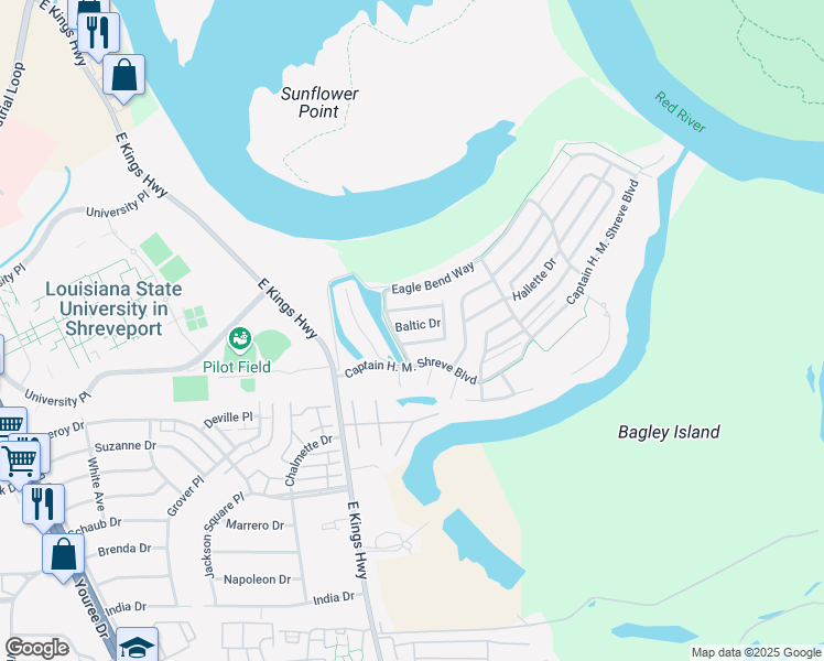 map of restaurants, bars, coffee shops, grocery stores, and more near 111 Diana Drive in Shreveport