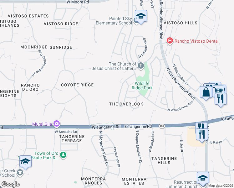 map of restaurants, bars, coffee shops, grocery stores, and more near 12164 North Kylene Canyon Drive in Oro Valley